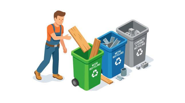 Isometric Construction Worker Sorting Waste into Recycling Bins for Sustainable Management