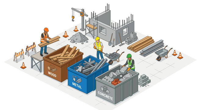 Isometric Construction Site Waste Management and Recycling Illustration