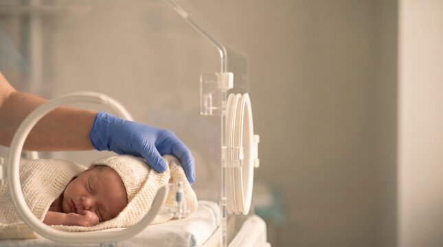 Newborn baby sleeping in a neonatal incubator while a gloved clinician adjusts a knitted blanket, NICU premature infant care and hospital newborn support concept.