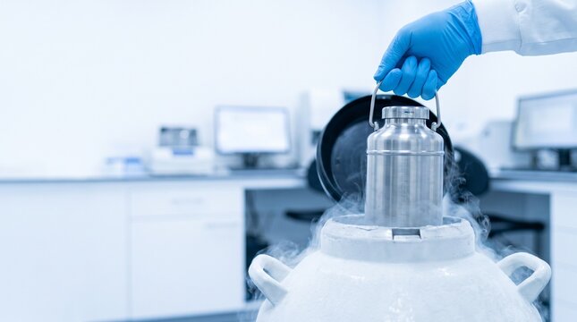 Gloved lab technician lifting a cryogenic sample canister from liquid nitrogen dewar in a modern laboratory, biobank cryopreservation and frozen specimen storage concept.