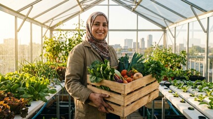Obraz premium Smiling woman holding a crate of fresh vegetables in a greenhouse