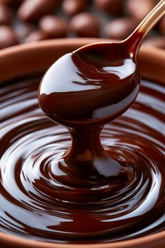 Glossy dark chocolate melts and coats a spoon in a bowl while surrounded by chocolate treats
