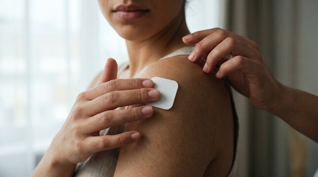 Woman applying a white medical patch to her shoulder at home