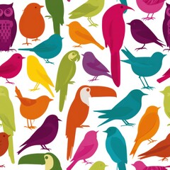 Fototapeta premium Bird silhouettes including owls, robins, parrots, toucans, and swallows repeat in a lively pattern on a white background, ideal for design use