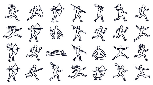 Primitive tribal human figure icons collection showing hunting running and dancing poses.