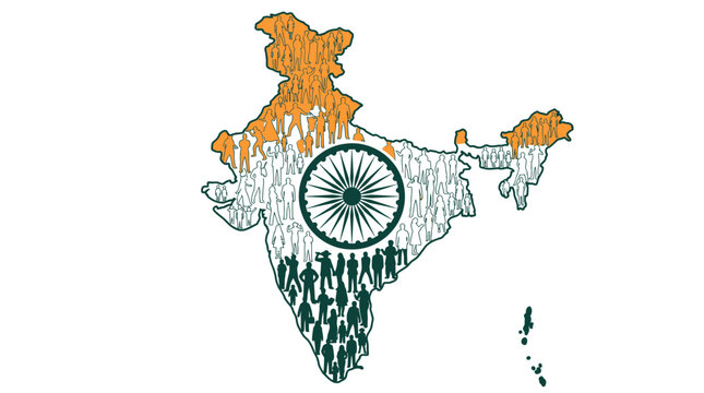 India Map Silhouette with Flag Colors and Crowd Illustration
