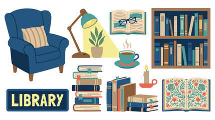 Reading library concept with blue armchair bookshelves coffee cup lamp and open books flat vector. © jubayer71