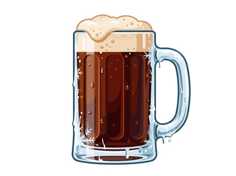 Frosted Glass Mug of Dark Beer with Foam Cartoon Vector Art, Transparent Background
