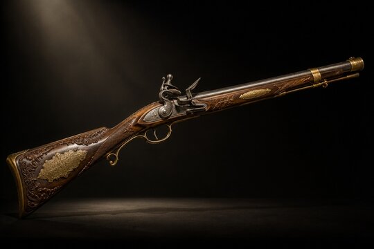 Antique flintlock musket with ornate wooden stock and brass fittings.