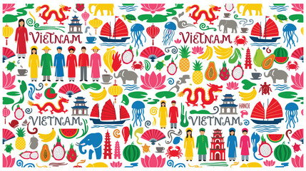 Vibrant Vietnam culture icons and symbols colorful illustration. © jubayer71