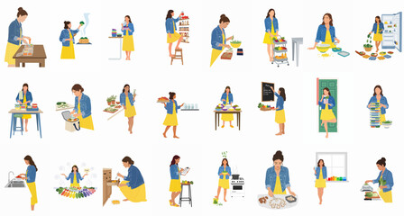 Fototapeta premium Flat vector illustrations of a woman meal prepping, cooking, and organizing food in her kitchen for a healthy lifestyle.