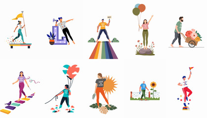 Fototapeta premium Diverse people celebrating LGBTQ+ pride and equality in a series of colorful flat illustrations featuring the message 'Love is Love'.