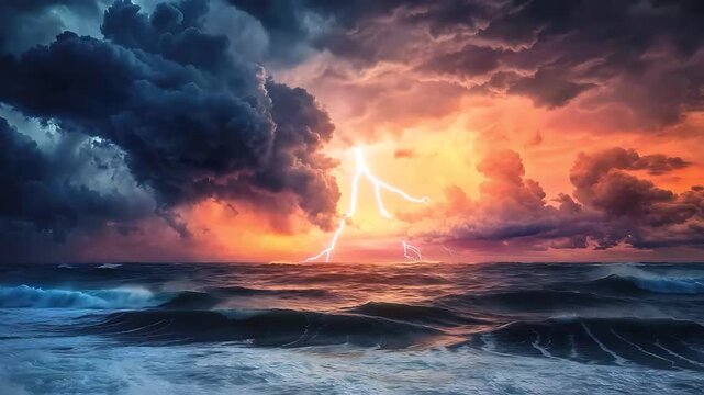 The Power of Nature: A dramatic seascape showcases a furious storm with dark, brooding clouds, a brilliant lightning strike, and turbulent waves under a fiery sky.