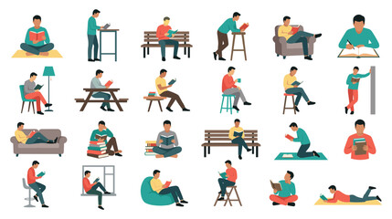 Fototapeta premium People reading books flat vector characters set isolated on white background.