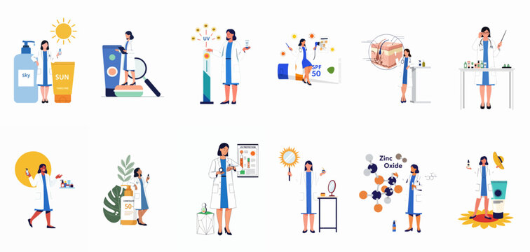 Set of female dermatologists and scientists explaining sun protection, UV radiation effects, and sunscreen benefits for healthy skin care.