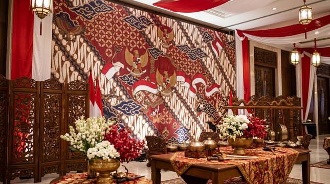 Indonesian Cultural Gala Hall with Batik Backdrop and Gamelan