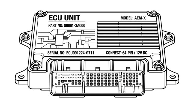Automotive engine control unit ECU technical line art drawing.