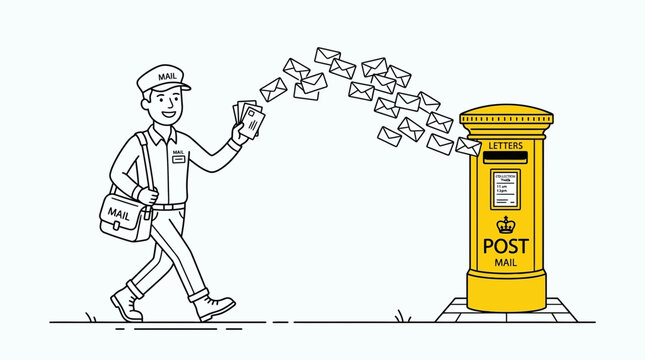 A cartoon postman delivering a large stack of letters into a yellow post box.