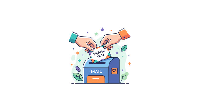 Two hands dropping a thank you note into a blue mailbox.