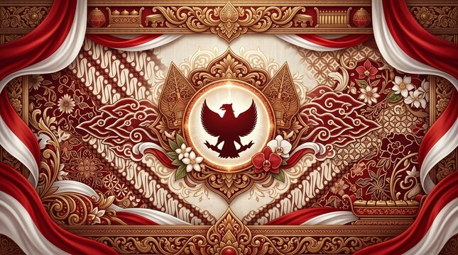 Ornate Indonesian Independence Day Background with Garuda and Batik