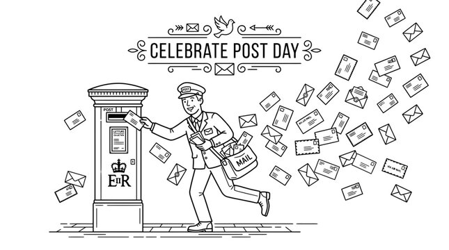 A postman delivering letters into a traditional British pillar box.