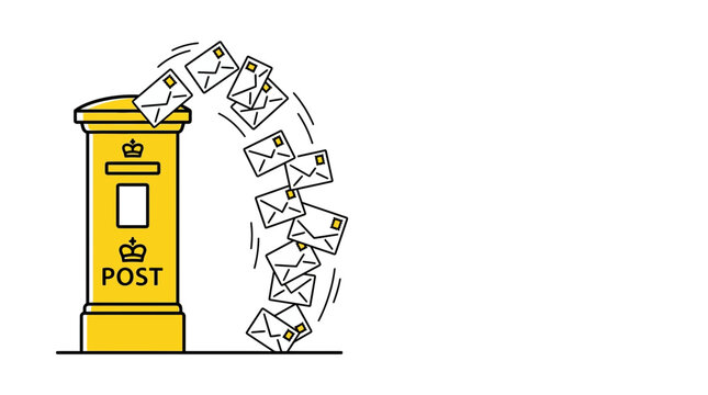 A yellow British style post box with a stream of letters falling into it.