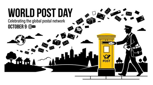 A postman in uniform depositing mail into a yellow pillar box on World Post Day.