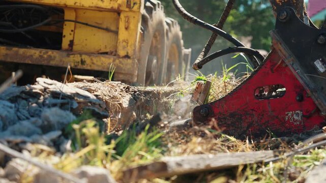 Close-up of hydraulic attachment clearing soil, roots and construction debris beside a backhoe loader, showing demolition cleanup, groundwork and residential site preparation.