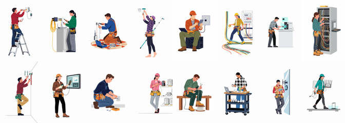 Fototapeta premium Collection of flat vector illustrations featuring diverse technicians and engineers installing and maintaining network equipment, wiring, and smart home systems in various settings.