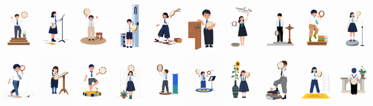Collection of Illustrations of School Children in Uniforms Playing Tambourines in Various Settings
