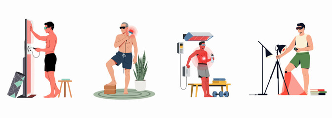 Set of men using various red light therapy devices for home wellness, recovery, and pain relief treatments. © Wolu