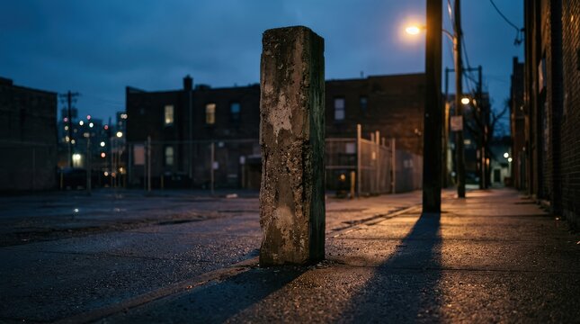 A lone weathered concrete pillar stands starkly against a dim urban twilight, evoking a sense of isolation and history.