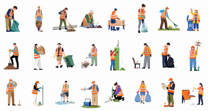 Large set of community volunteers in safety vests performing various cleaning, gardening, and maintenance tasks for environmental protection and public space care.