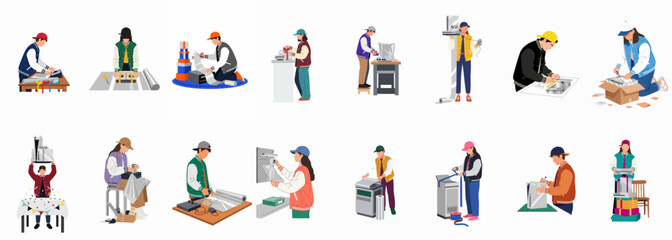 Fototapeta premium Set of diverse characters in varsity jackets wrapping gaming consoles and electronic devices as gifts, featuring a modern flat illustration style.