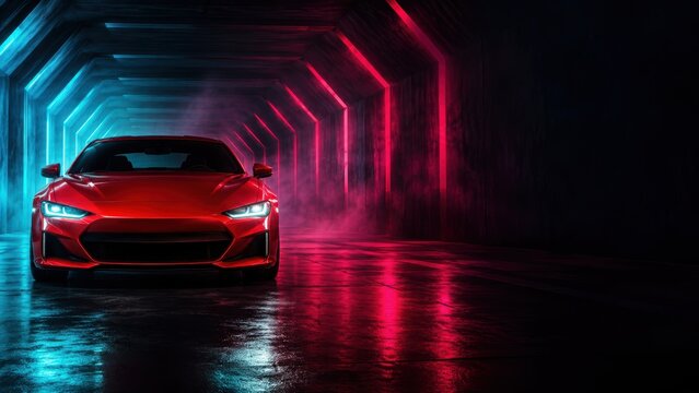 Red sports car in glowing neon tunnel on wet floor. Concept for performance automotive advertising, speed technology, luxury car launch and futuristic mobility.
