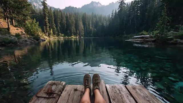 Serene Lake Reflection: A person's feet, clad in hiking boots, rest on a weathered wooden pier extending into a crystal-clear mountain lake, with a dense.
