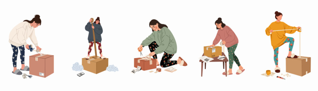 Vector illustration set of a woman packing cardboard boxes for shipping, moving house, or product returns using tape, scissors, and labels.