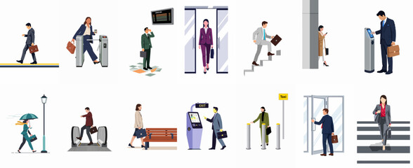 Set of flat vector illustrations featuring businesspeople commuting, traveling, and navigating urban environments like airports, train stations, and offices. © Sepuluh