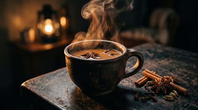 Steaming spiced chai tea in a clay mug with star anise. Dark moody aromatic background.