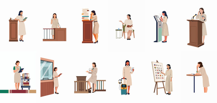 Collection of flat vector illustrations depicting professional women in various legal, judicial, educational, and public speaking roles on a white background.