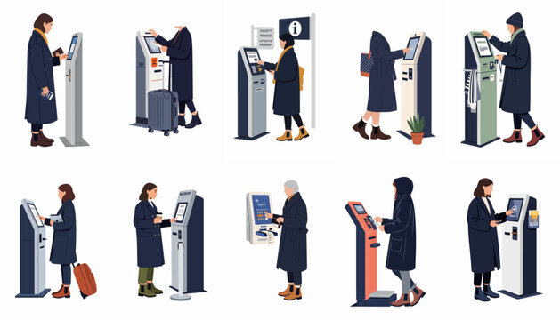 Set of flat vector illustrations depicting people interacting with various self-service kiosks for airport check-in, information, membership registration, and digital payments.