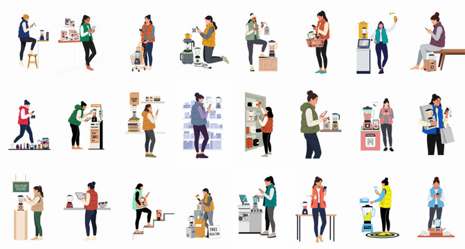 Collection of diverse women using smartphones for smart shopping, scanning QR codes, comparing prices, and finding discounts for blenders in various retail settings.