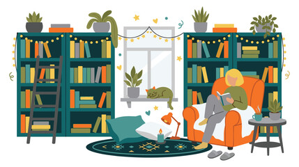 Cozy reading nook with bookshelves plants and a woman relaxing in an armchair with book. © jubayer95