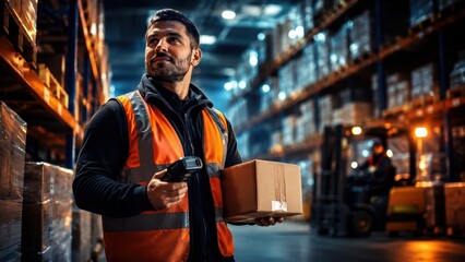 Obraz premium Warehouse worker carrying package in logistics facility. Concept for shipping operations, ecommerce fulfillment, supply chain service and delivery workforce. 