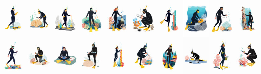 Set of flat illustrations showing diverse marine biologists and scuba divers conducting scientific research on coral reefs underwater. © Sewelas