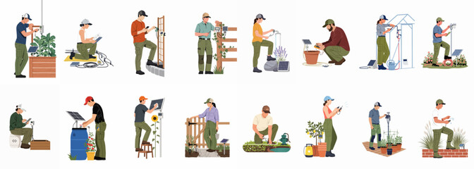 Naklejka premium Collection of flat vector illustrations of people installing and maintaining smart solar-powered garden irrigation and monitoring systems.