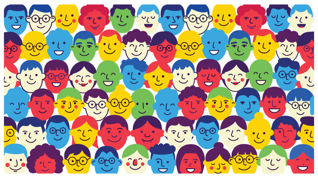 Diverse happy faces crowd background, community and social network people group illustration.