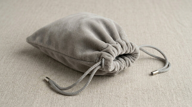 Grey velvet drawstring bag for jewelry storage and gift packaging on linen surface