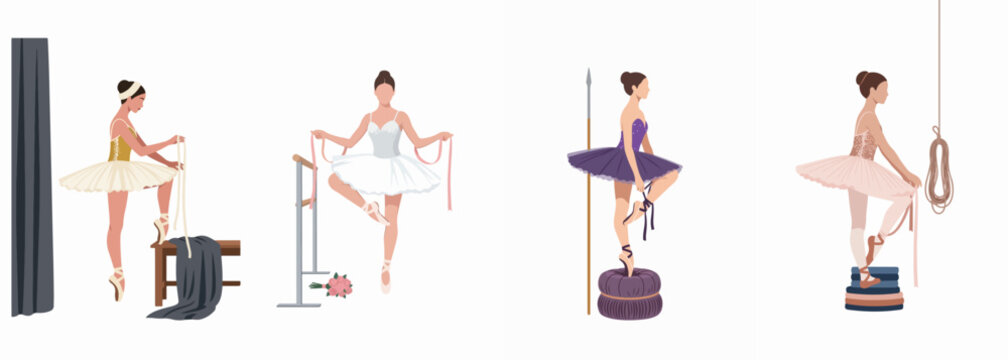 Minimalist illustration set of four elegant female ballet dancers in various colorful tutus preparing for a dance performance on a white background.