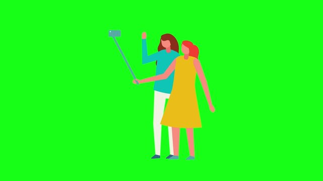  Animated Two Best Friends Girls Taking Selfie with Phone and Flash on Green Screen